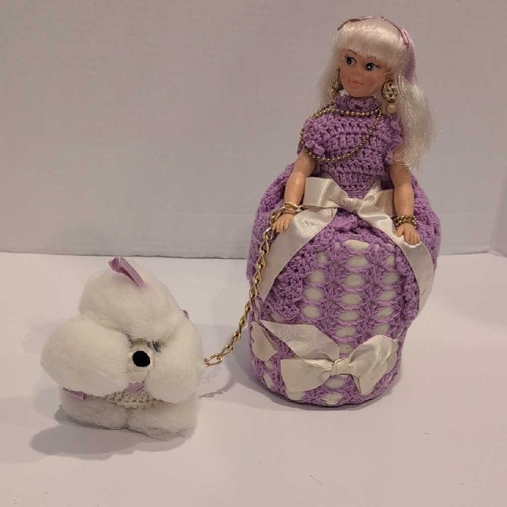 Vintage Crochet Toilet Paper Doll with Soap White Poodle